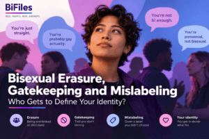 Illustration of a person surrounded by dismissive comments about bisexual identity, representing bisexual erasure, gatekeeping and mislabeling.