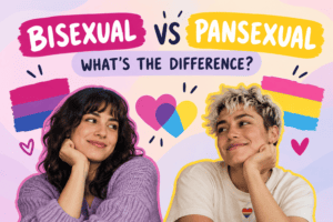 Bisexual vs pansexual illustration showing bisexual and pansexual pride colors